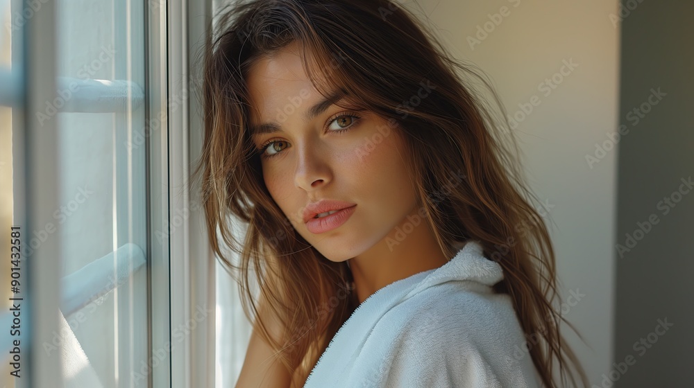 Portrait of beautiful young woman in bathrobe looking at camera at home Portrait of beautiful young woman in bathrobe looking at camera at home