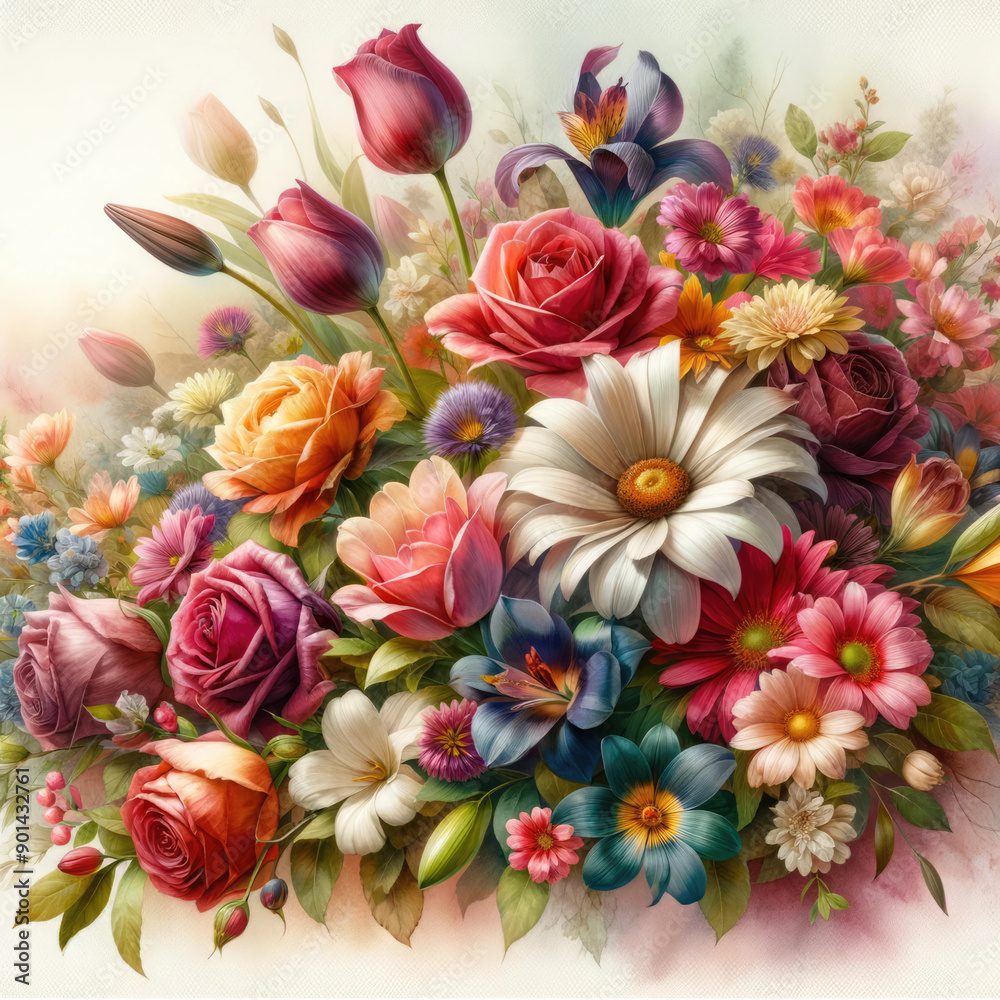 A colorful bouquet of flowers with a variety of colors and types