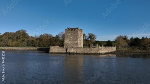 Narrow Water Castle, County Down, Northern Ireland, November 2022. Drone orbits the Tower House counter clockwise ascending above the walls revealing the courtyard on a bright winter morning. photo