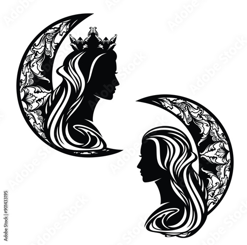 fantasy queen or sorceress woman with long hair and crescent moon - night time fairy tale princess  black and white vector silhouette portrait