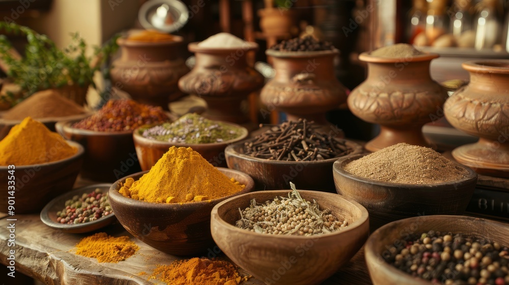 assorted spices and herbs in traditional kitchen setting