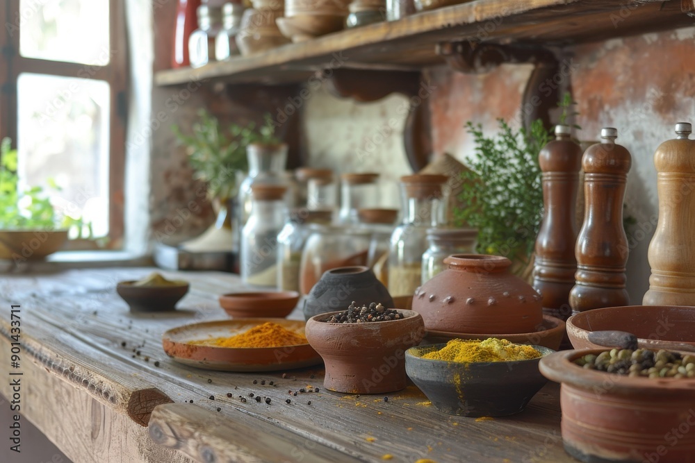 spices and herbs in traditional kitchen setting spices and herbs in traditional kitchen setting