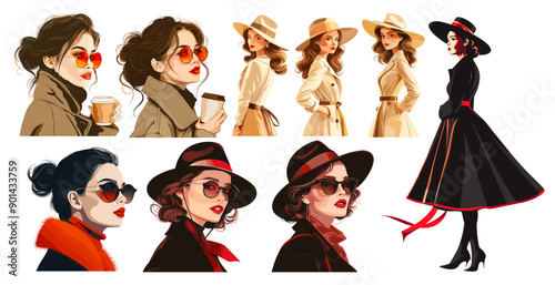 stylish vintage woman in hat. fashion style vintage classic magazine sticker. vector illustration