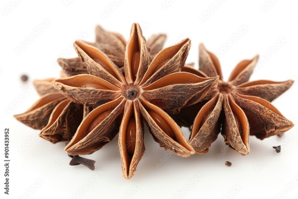 A close-up image of dried star anise spice, showcasing its intricate star-shaped structure and rich brown color, used commonly for culinary and medicinal purposes A close-up image of dried star anise spice, showcasing its intricate star-shaped structure and rich brown color, used commonly for culinary and medicinal purposes
