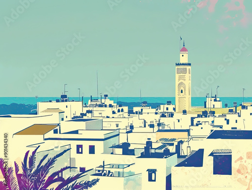 Risograph vibrant riso print travel poster, card, wallpaper or banner illustration, modern, isolated, clear, simple of Tangier, Morocco. Artistic, screen printing, stencil