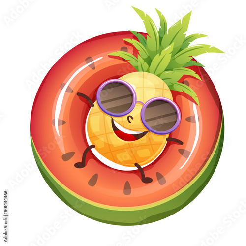 Funny drawn pineapple in sunglasses floating on inflatable circle. Hello summer, summer vibe. Vector illustration