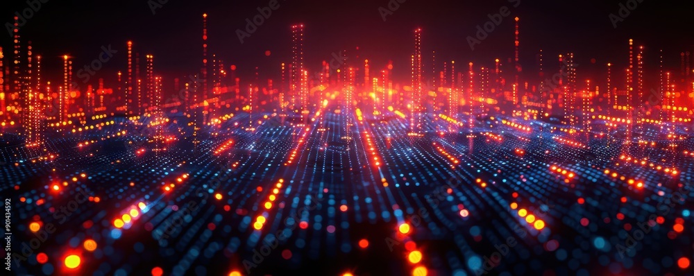 Futuristic digital landscape with vibrant lights and patterns creating a mesmerizing visual experience. Futuristic digital landscape with vibrant lights and patterns creating a mesmerizing visual experience.