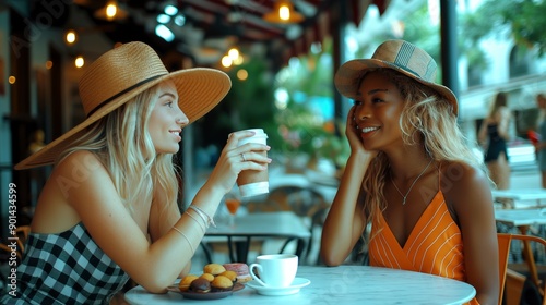 Happy multiracial women besties talking in cafe image. Smiling diverse ladies with coffee drinks photography scene wallpaper. Friends activities concept photorealistic photo photo