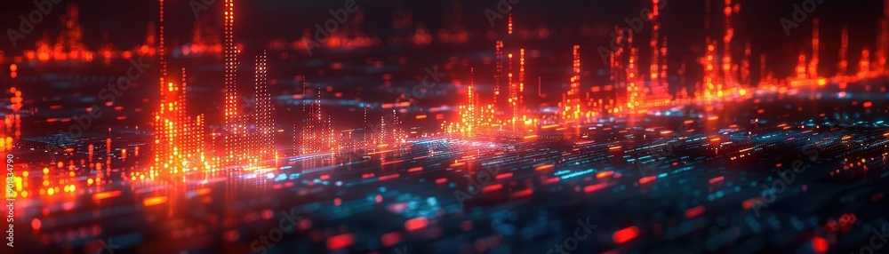 Abstract digital landscape with glowing elements, showcasing vibrant colors and high-tech patterns in a futuristic setting. Abstract digital landscape with glowing elements, showcasing vibrant colors and high-tech patterns in a futuristic setting.