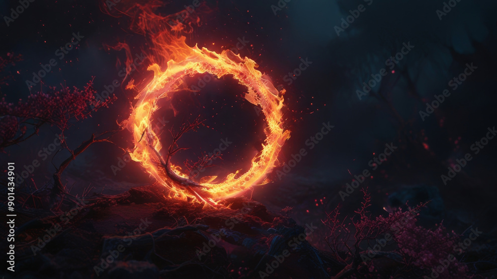 Fototapeta premium A circle of fire in a fantastic dark space.