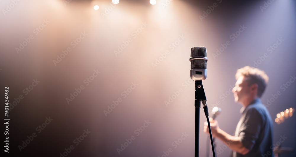 Obraz premium Close up of a vintage microphone with blurred background of a concert stage and musician with glittering lights , horizontal banner with copy space for text , AI Generated