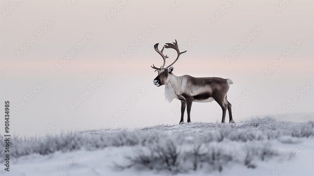 Obraz premium lone reindeer standing on a frost-covered ridge