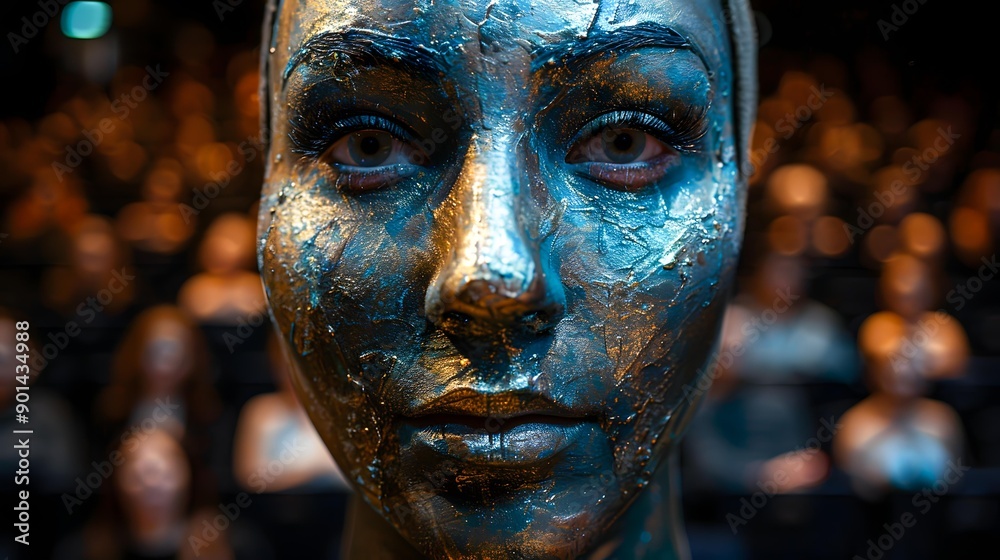 Close-up of a metallic mask with intricate details and vibrant colors, set against a blurred background of seated audience members, Ideal for use in themes of theater, art, performance Close-up of a metallic mask with intricate details and vibrant colors, set against a blurred background of seated audience members, Ideal for use in themes of theater, art, performance