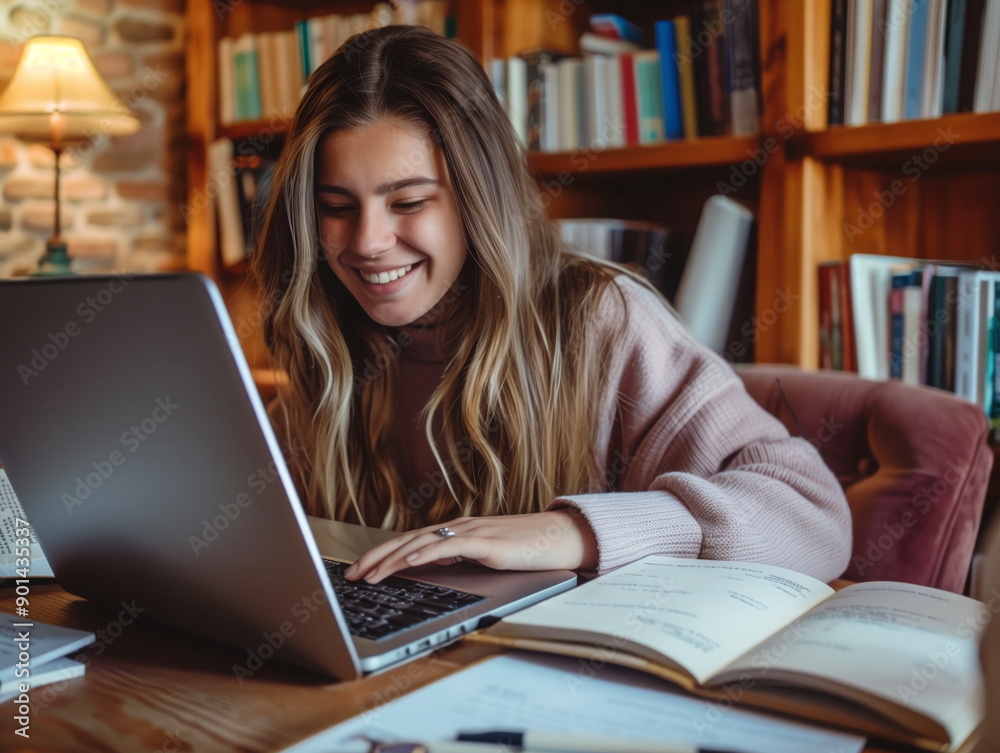 Smiling woman using a laptop and writing in a notebook at home, concept of online education, remote study class or work from a setup on a computer at a table with books and papers Smiling woman using a laptop and writing in a notebook at home, concept of online education, remote study class or work from a setup on a computer at a table with books and papers