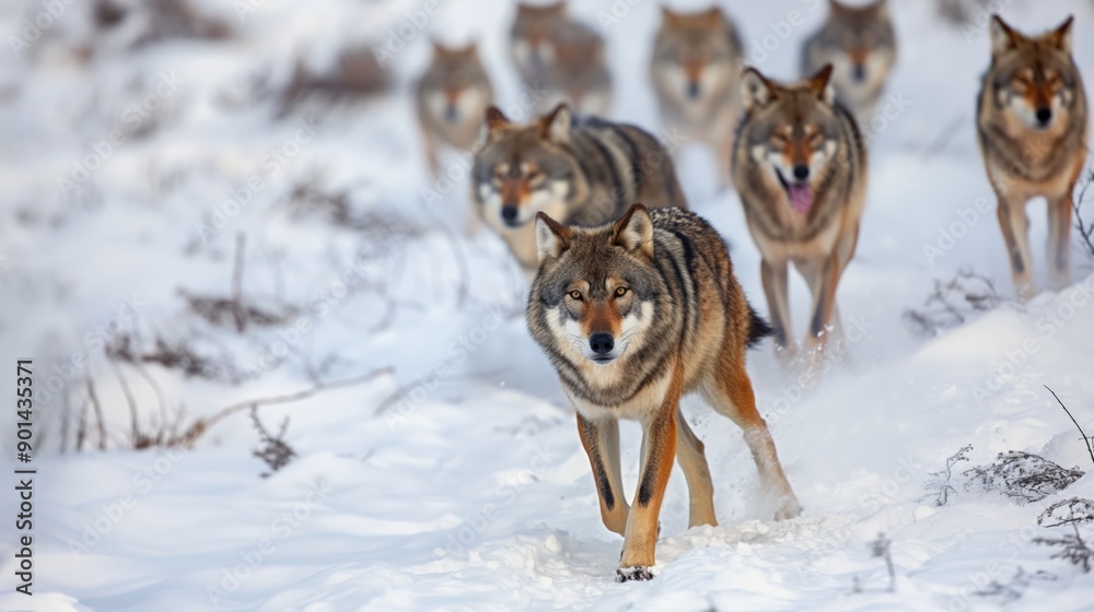 Naklejka premium pack of wolves trekking through the snowy tundra