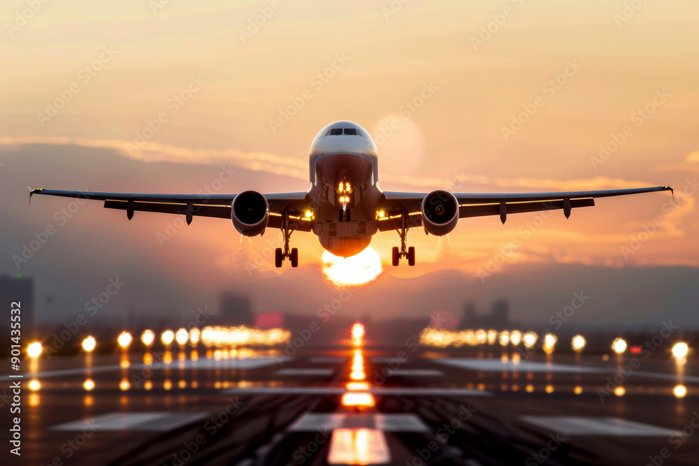 airplane taking off from the runway, sunset in background. AI generative. airplane taking off from the runway, sunset in background. AI generative.