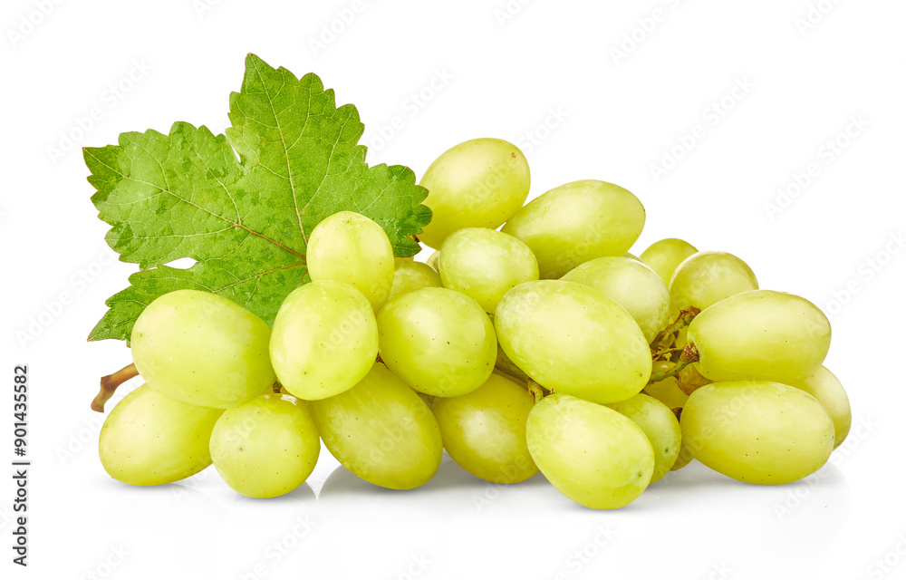 Cluster of ripe white grapes with green leaf. Yellow organic natural fruit isolated on background. Cluster of ripe white grapes with green leaf. Yellow organic natural fruit isolated on background.