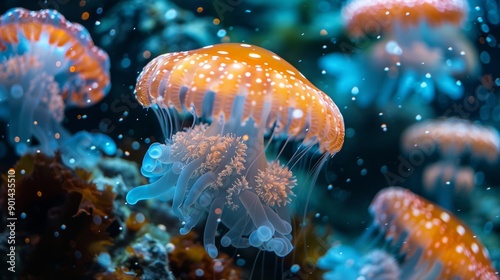 Stunning Underwater Display of Glowing Jellyfish in a Vibrant Ocean Setting photo