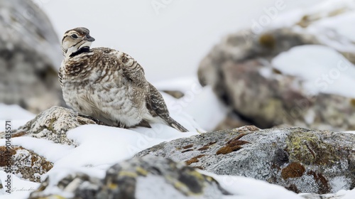 ptarmigan camouflaged among snow-covered rocks