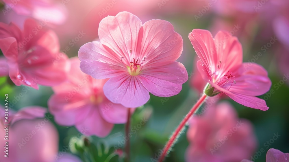 Fototapeta premium A close-up view of vibrant pink flowers in full bloom, showcasing delicate petals and subtle textures against a lush green background on a bright sunny day