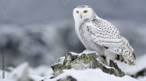 snowy owl perched on a snow-covered rock