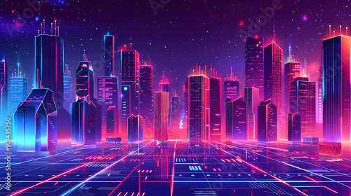 Vector illustration urban architecture, cityscape with space and neon light effect. Modern hi-tech, science, futuristic technology concept. Generative Ai.