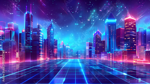 Vector illustration urban architecture, cityscape with space and neon light effect. Modern hi-tech, science, futuristic technology concept. Generative Ai.