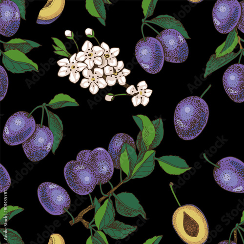 Plums seamless pattern vector illustration