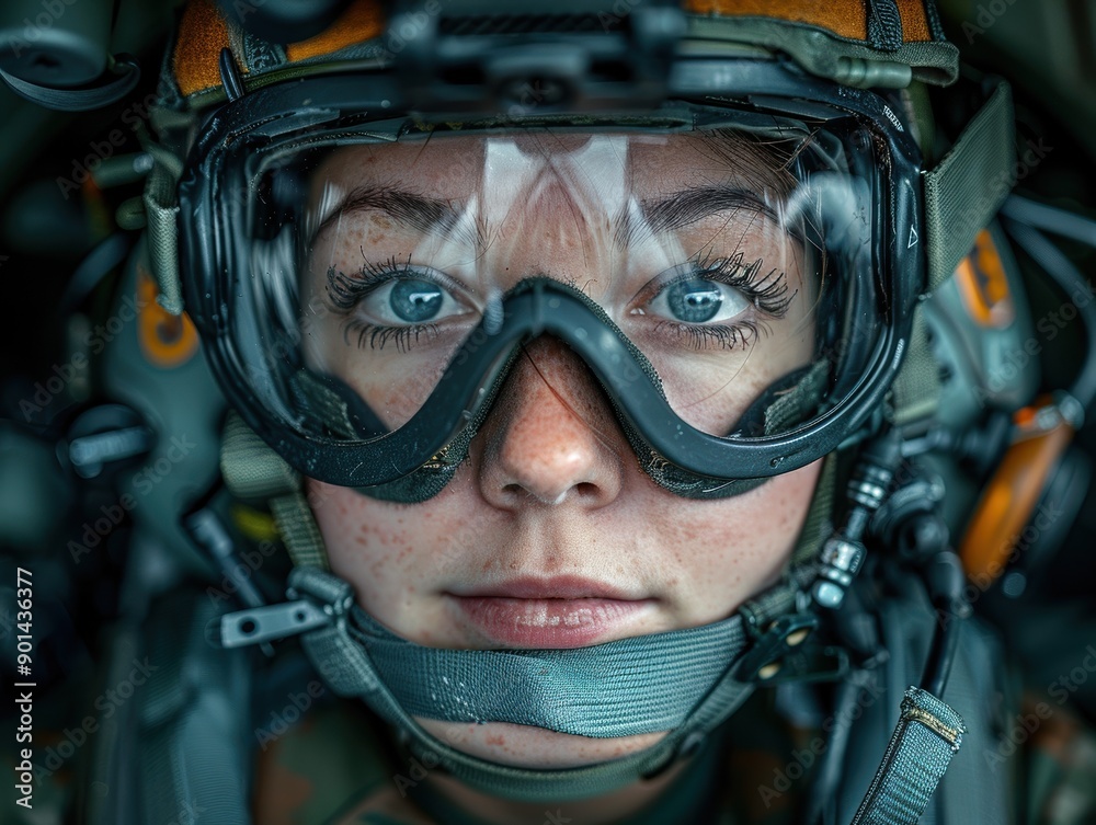A close-up portrait of a person wearing a helmet and protective eyewear, showcasing detailed facial features and equipment, focusing on the intensity in the eyes and the intricate details of their A close-up portrait of a person wearing a helmet and protective eyewear, showcasing detailed facial features and equipment, focusing on the intensity in the eyes and the intricate details of their