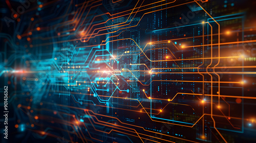 Wide Hi tech futuristic technology background. Abstract Engineering, Communication. Generative Ai.