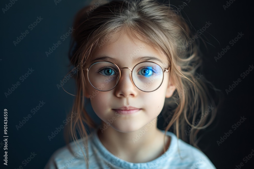 Close-up portrait of a young girl with striking blue eyes and round glasses against a dark background Close-up portrait of a young girl with striking blue eyes and round glasses against a dark background