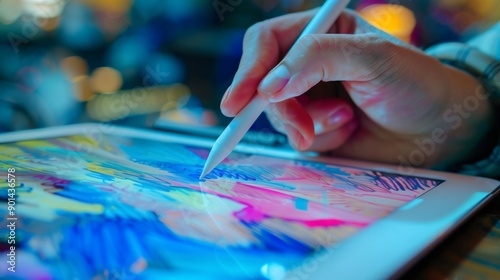 Close-up hand with digital pen for tablet screen device. Touch drawing on a display, modern technology gadget, electronic art, creative graphic design business, wireless media education, internet app 