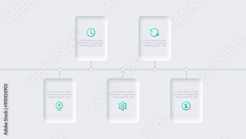 Neumorphic flowchart infographic. Creative concept for infographic with 5 steps, options, parts or processes. Template for diagram, graph, presentation and chart.