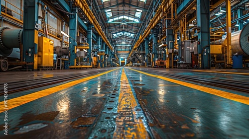 Spacious industrial facility featuring advanced machinery, equipment, and tools with vibrant yellow and blue accents and a high ceiling structure © aicandy