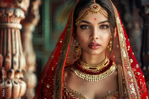 Beautiful Indian woman in traditional lehenga choli or sari, adorned with exquisite kundan jewelry set, highlighting timeless elegance and ethnic fashion. © Piyaphorn