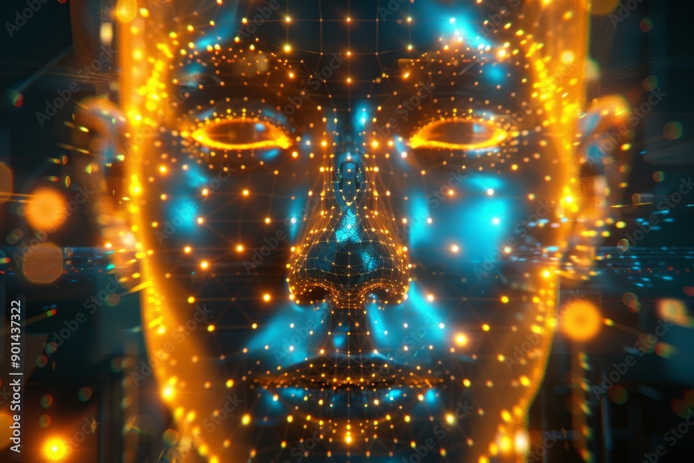 Illuminated digital face with neural network overlay representing ...
