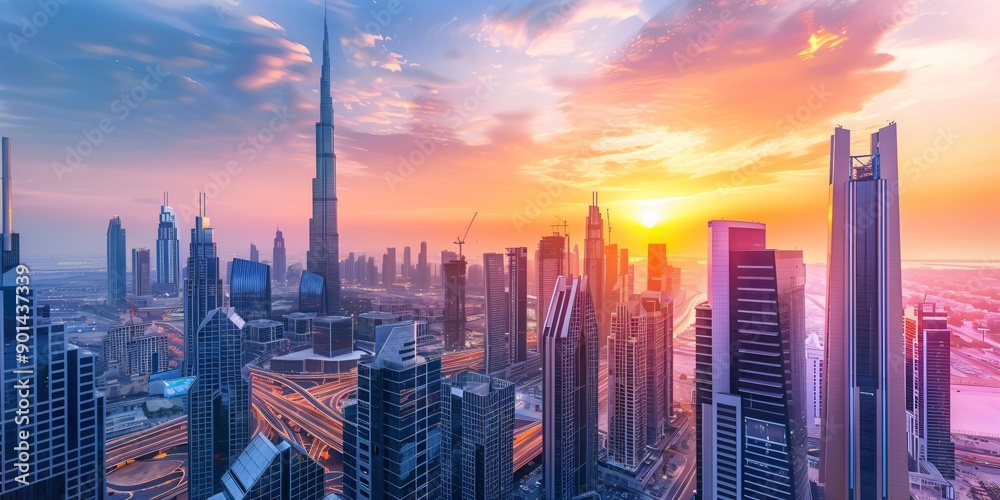 Fototapeta premium Aerial view modern city skyline at sunset