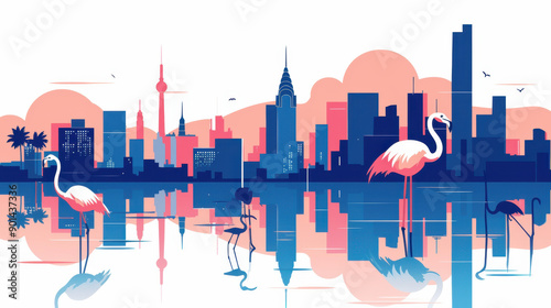 Blue City Skyline Illustration with Urban Skyscrapers photo