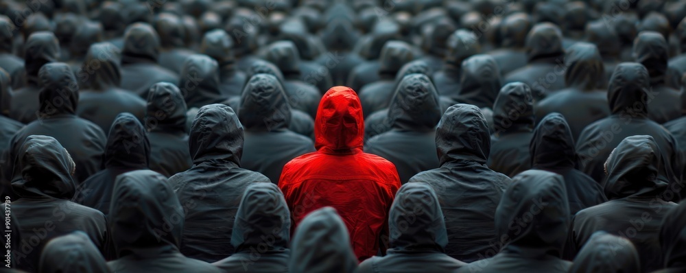 Obraz premium A striking image showcasing individuality amidst conformity, featuring a lone figure in red surrounded by a crowd in dark clothing.