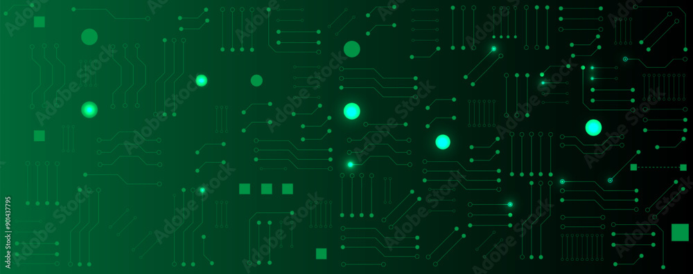 Fototapeta premium Green circuit electronic or electrical line with circle engineering technology concept vector background