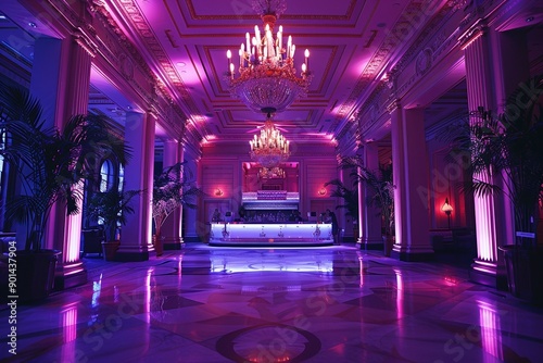 An opulently decorated, grandiose hall featuring luxurious chandeliers and ambient violet lighting, showcasing an elegant bar area with an inviting atmosphere perfect for upscale events