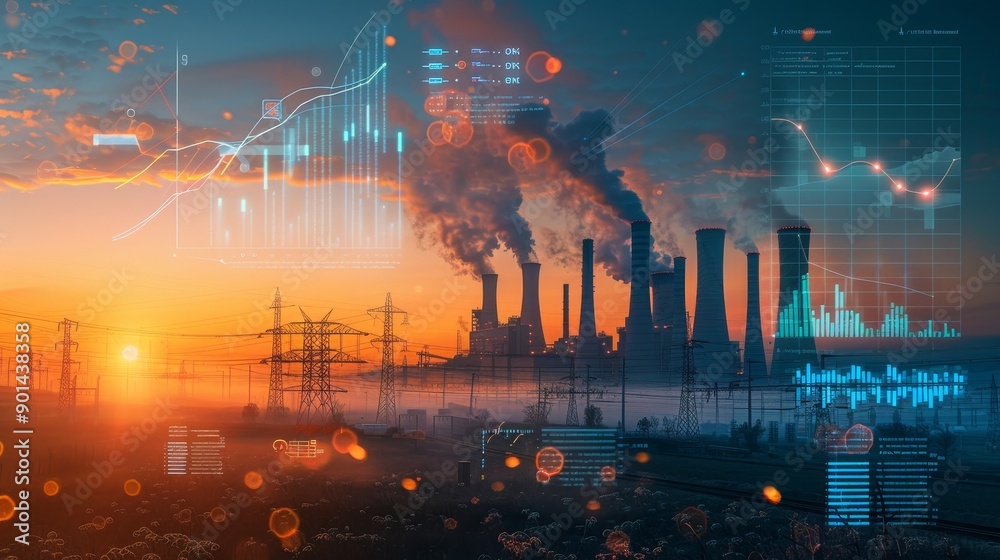 Obraz premium Green Energy Revolution EcoFriendly Power Grid at Dusk with Digital Data Visualization