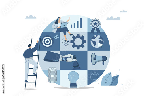 Business project management and development concept, Launching a startup, Setting goals, Businessman organizes and analyzes business, Vector collection in circle isolated on white background.