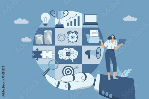 Business management and project development concept, Working with artificial intelligence, AI applications supporting corporate business, Business organization and analysis, Business symbols vector.
