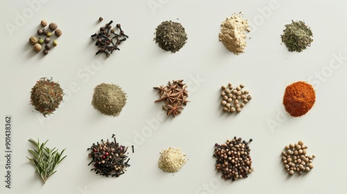 Top view of assorted spices and herbs on wooden background