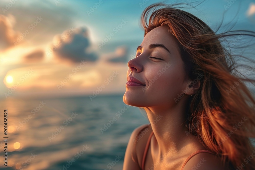 Tranquil and serene sunset beauty: a beautiful young woman enjoying the peace and happiness of a calm evening by the sea. Feeling the warm sunlight and gentle breeze in her hair Tranquil and serene sunset beauty: a beautiful young woman enjoying the peace and happiness of a calm evening by the sea. Feeling the warm sunlight and gentle breeze in her hair