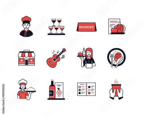 Rest in the restaurant - line design style icons set with editable stroke. Haute cuisine, menu, reserved table, guitar and live music, waiter with wine list, steak and hot drink. Evening in the city