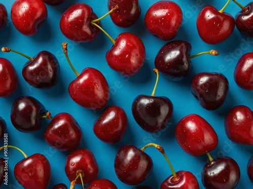 Ripe red sweet cherries on blue background Flat lay, top view. photo