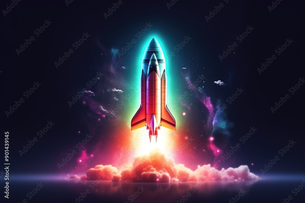 Fototapeta premium Colorful Rocket Launch Surrounded by Bright Lights and Vibrant Clouds at Night