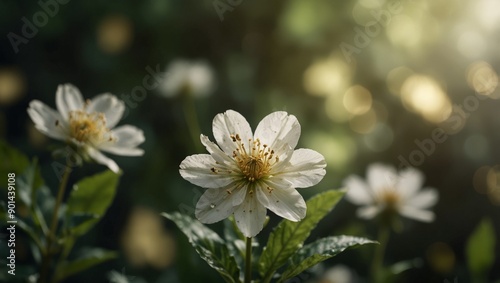 eco friendly floral background with subtle ink wash green leaves and light gold accents. photo